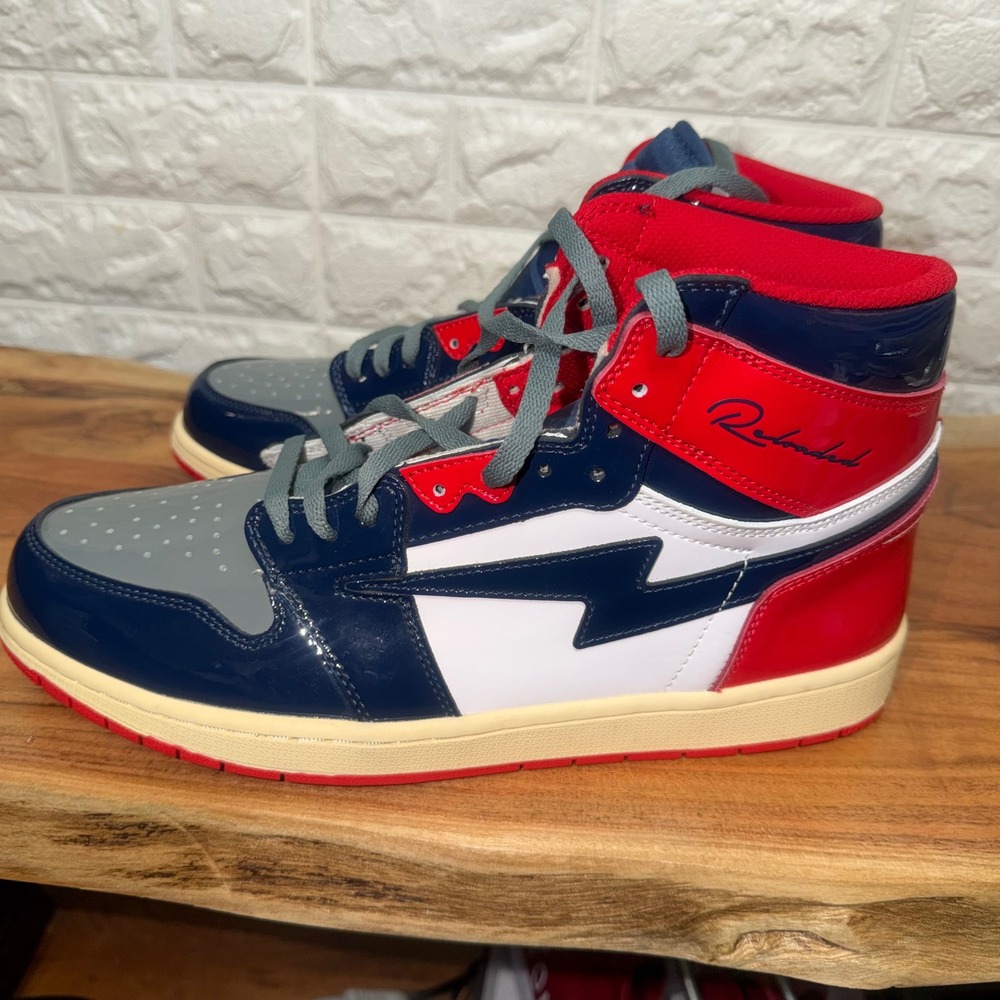 OMI Reloaded Patent Leather High Top Sneakers Navy Red Grey Mens Size 13 - Picture 4 of 9